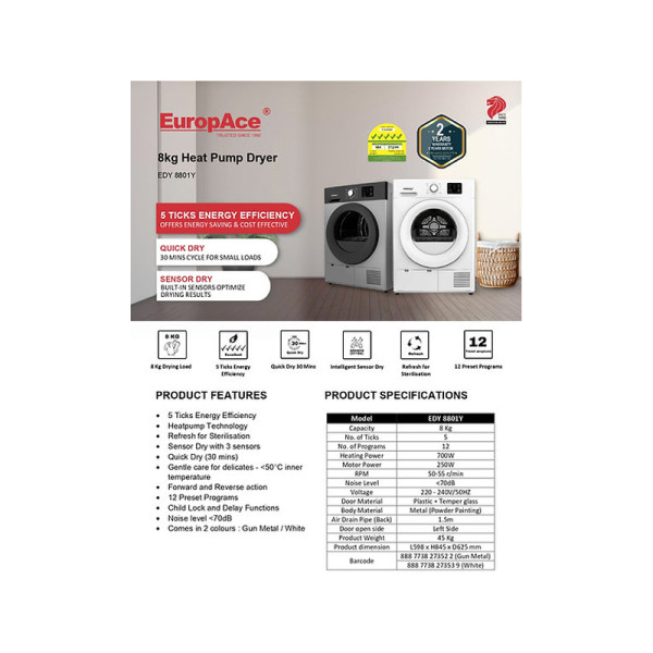 EUROPACE HEAT PUMP DRYER EDY8801Y GUN METAL