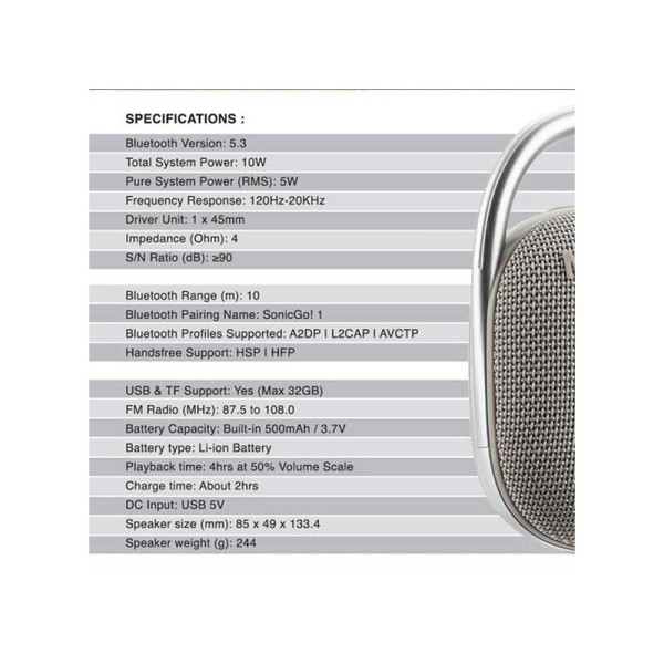 SONICGEAR PORTABLE SPEAKER SONICGO! 1 GREY