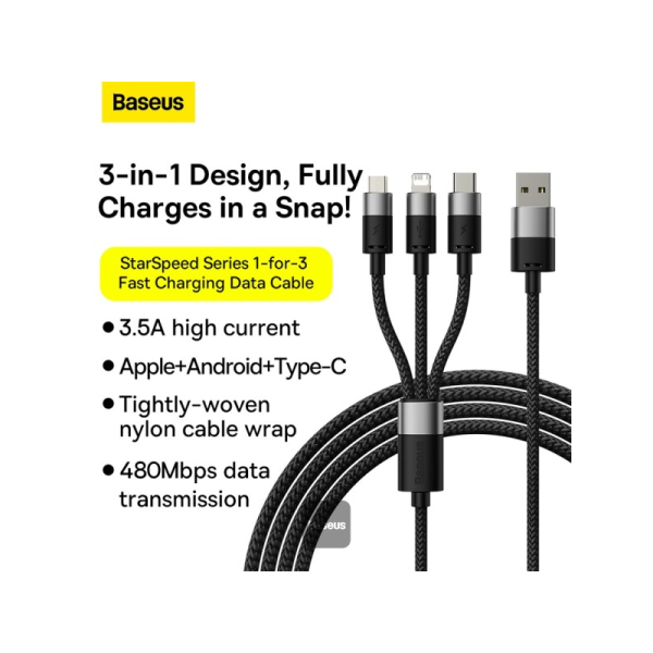 BASEUS CABLES STARSPEED 1IN3 1.2M CABLE BLK