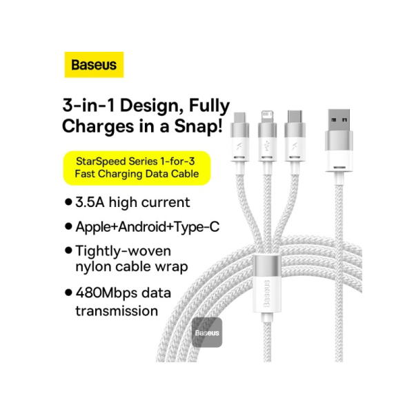BASEUS CABLES STARSPEED 1IN3 1.2M CABLE WHT
